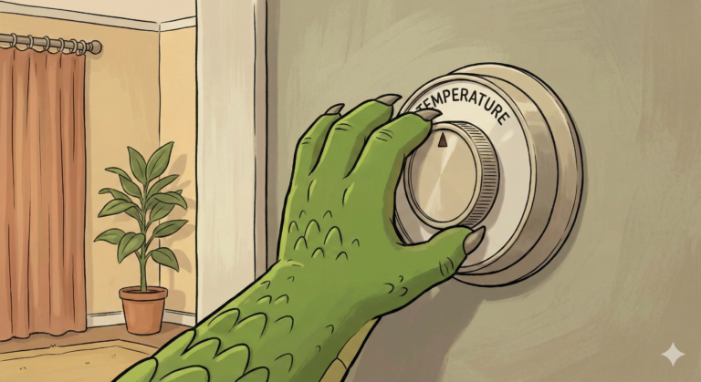 Alligator paw adjusting an old style round thermostat.