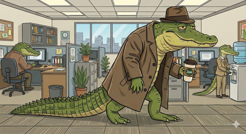 Grumbly tired alligator with a cup of coffee, dragging into the office with other alligators going to work. 